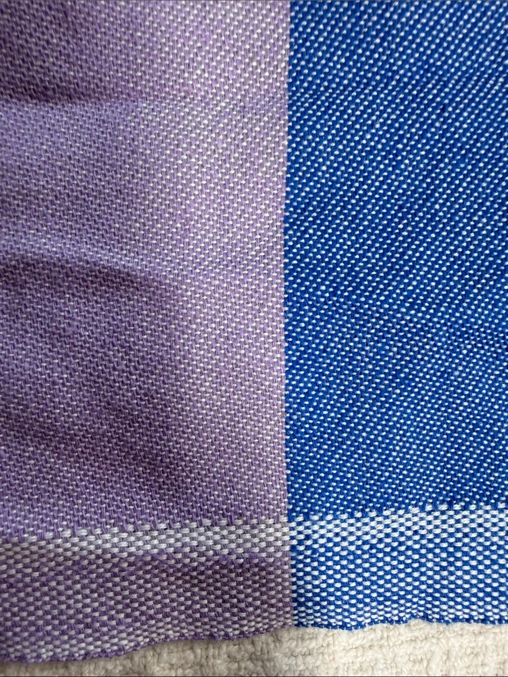 Fun colorful cotton tablecloth with corded fringe blue, white, pink, and yellow